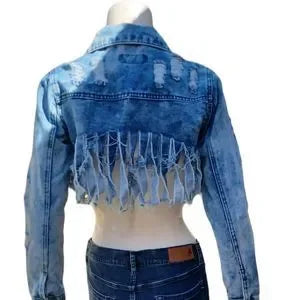 Thrill Tasseled Ripped Crop Long Sleeve Denim Jacket Size Small