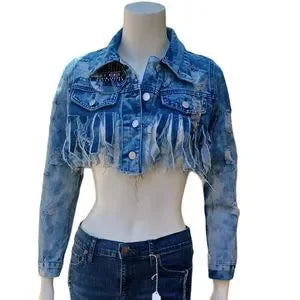 Thrill Tasseled Ripped Crop Long Sleeve Denim Jacket Size Small