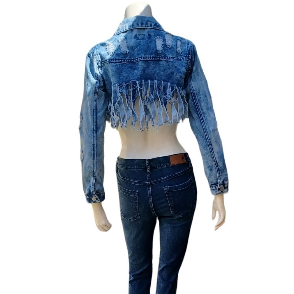5690...Thrill Tasseled Ripped Crop Long Sleeve Denim Jacket Size Small