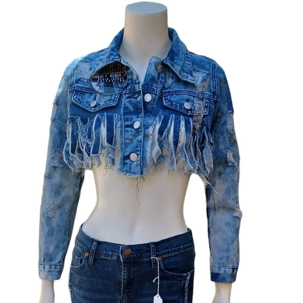 5690...Thrill Tasseled Ripped Crop Long Sleeve Denim Jacket Size Small