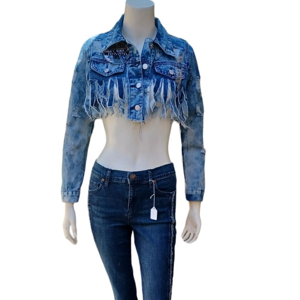 5690...Thrill Tasseled Ripped Crop Long Sleeve Denim Jacket Size Small