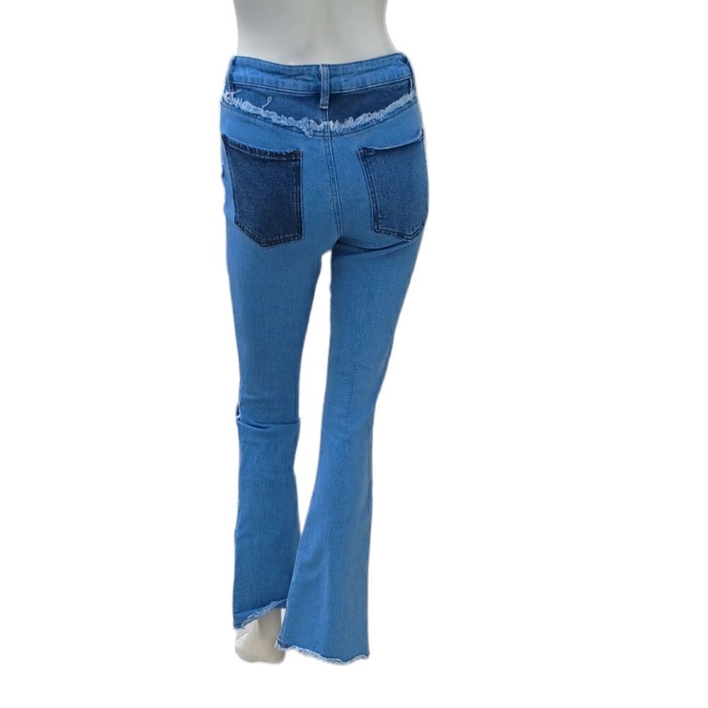 684145..Almost Famous Denim Patchwork Flare Jeans Size 3, W26" 30"Inseam  9"Rise