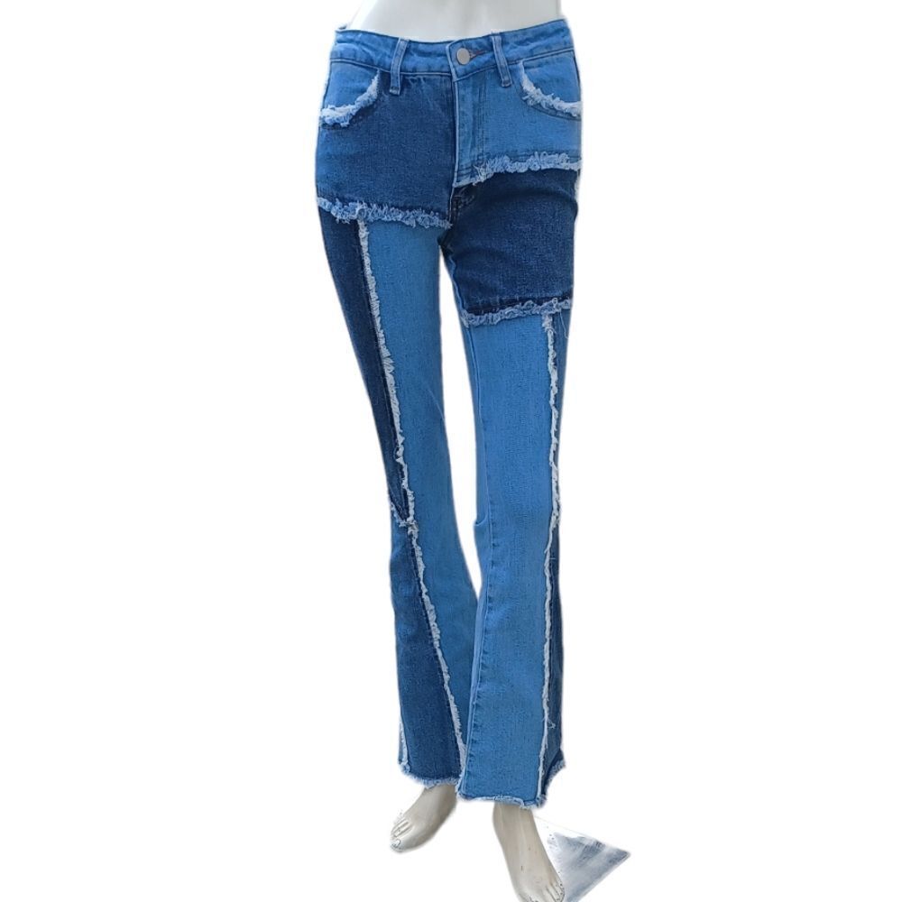 684145..Almost Famous Denim Patchwork Flare Jeans Size 3, W26" 30"Inseam  9"Rise