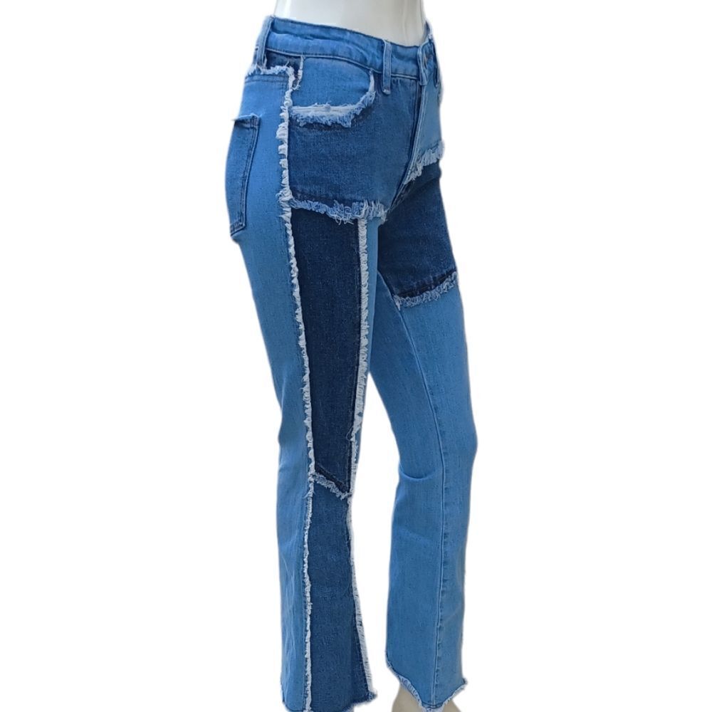 684145..Almost Famous Denim Patchwork Flare Jeans Size 3, W26" 30"Inseam  9"Rise