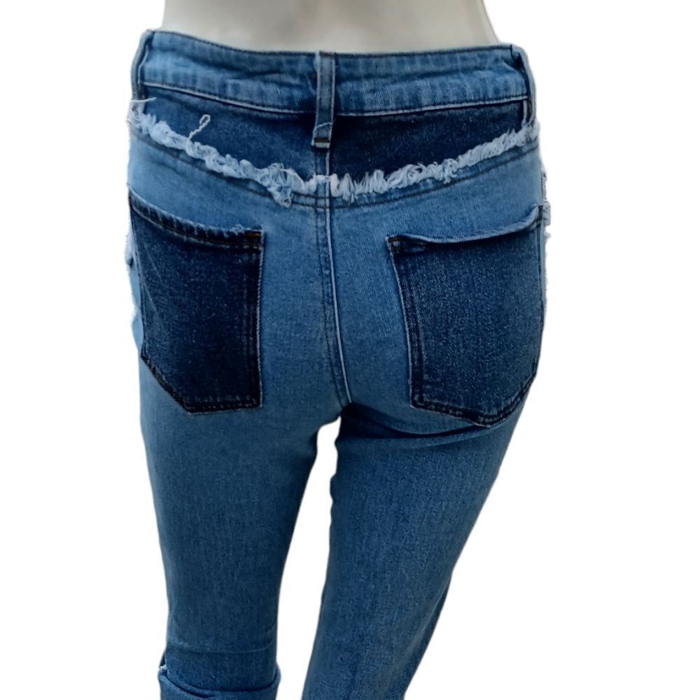 684145..Almost Famous Denim Patchwork Flare Jeans Size 3, W26" 30"Inseam  9"Rise