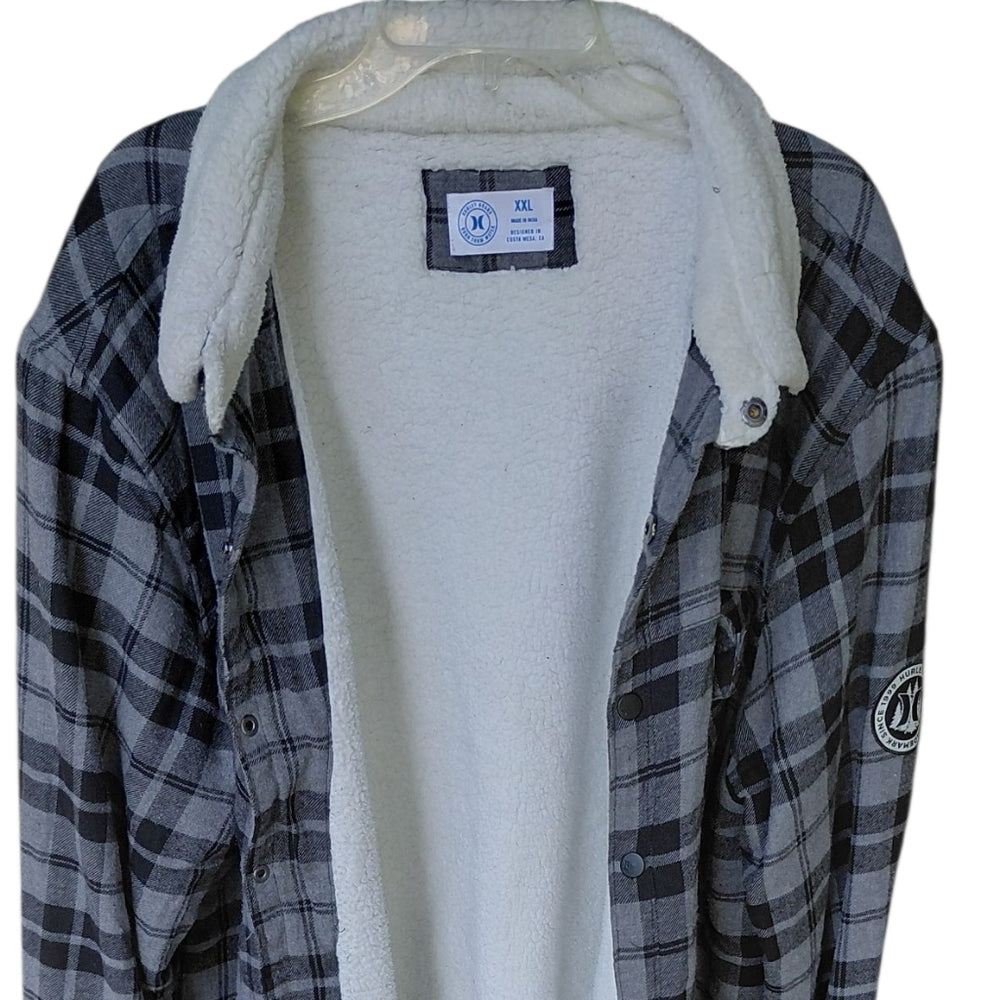 Hurley Black and Gray Performance Jacket, Sherpa Lining Flannel Jacket Size XXL