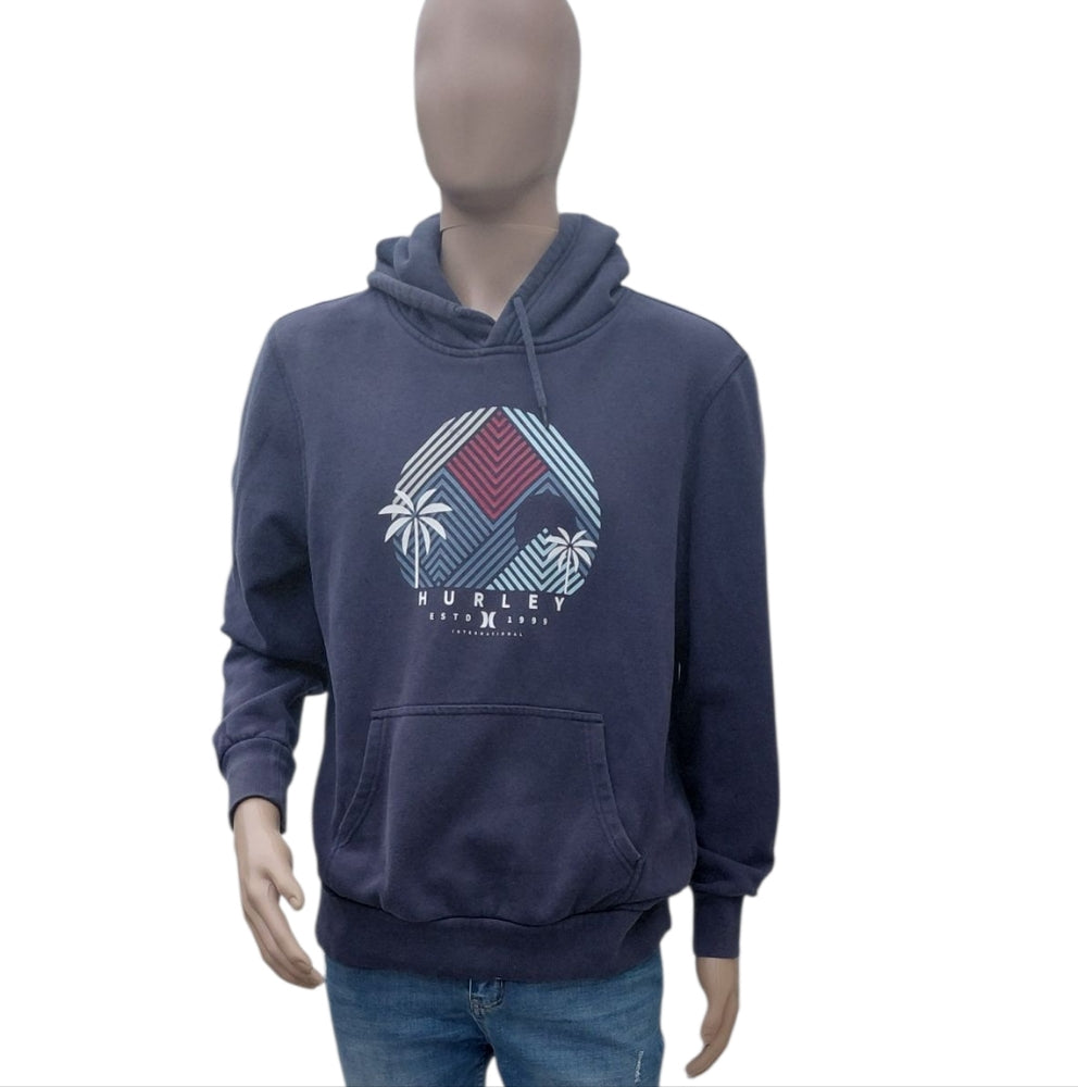 8211....Hurley Dark Blue Hoodie with Graphic Design Size Large