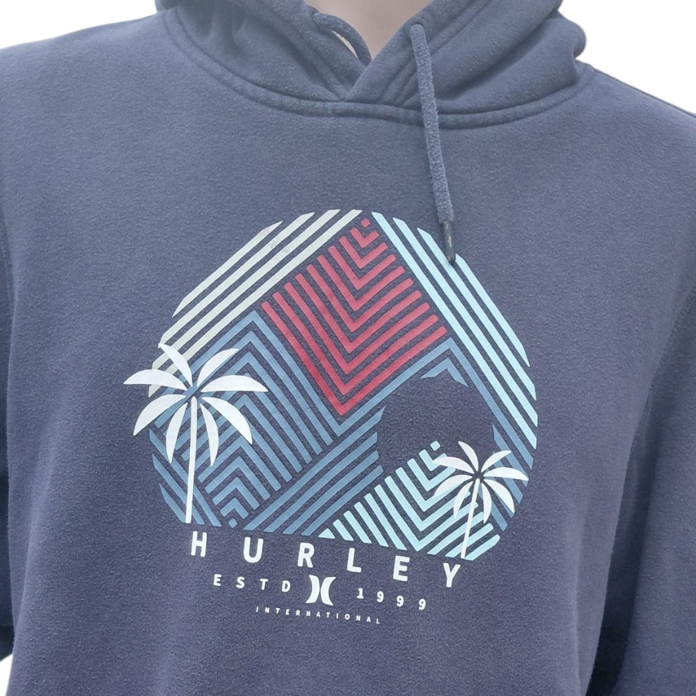 8211....Hurley Dark Blue Hoodie with Graphic Design Size Large