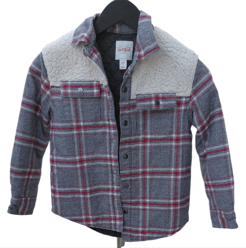 8284....Cat & Jack Gray and Red Plaid Jacket with Sherpa Size 5 6/7