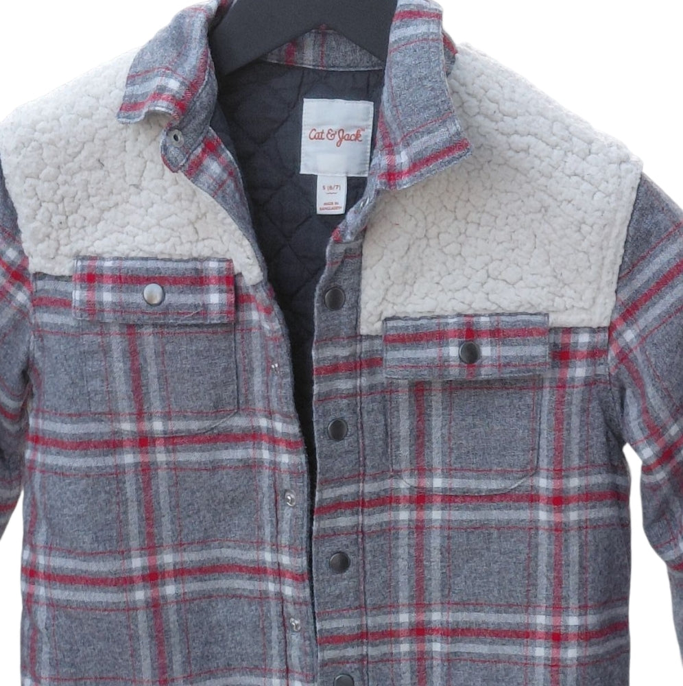 8284....Cat & Jack Gray and Red Plaid Jacket with Sherpa Size 5 6/7