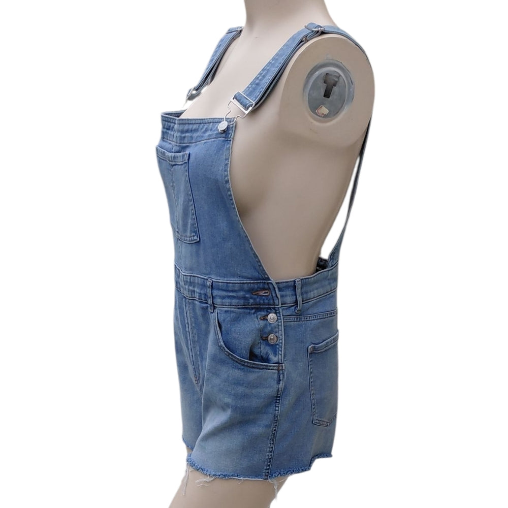 8261....Women's Express Denim Blue Jean Overall Shorts Size Large