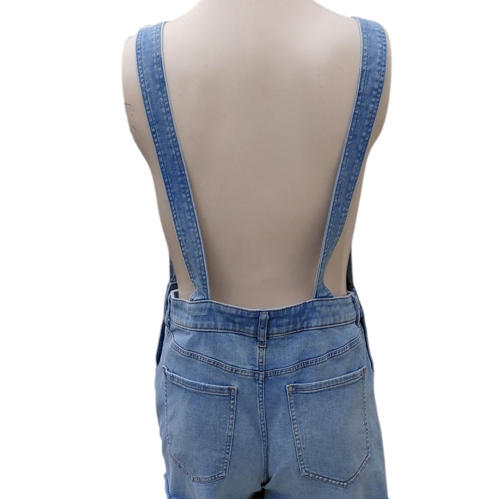 8261....Women's Express Denim Blue Jean Overall Shorts Size Large