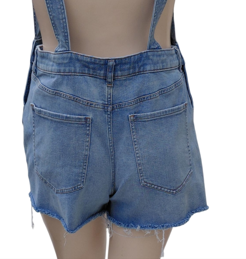 8261....Women's Express Denim Blue Jean Overall Shorts Size Large