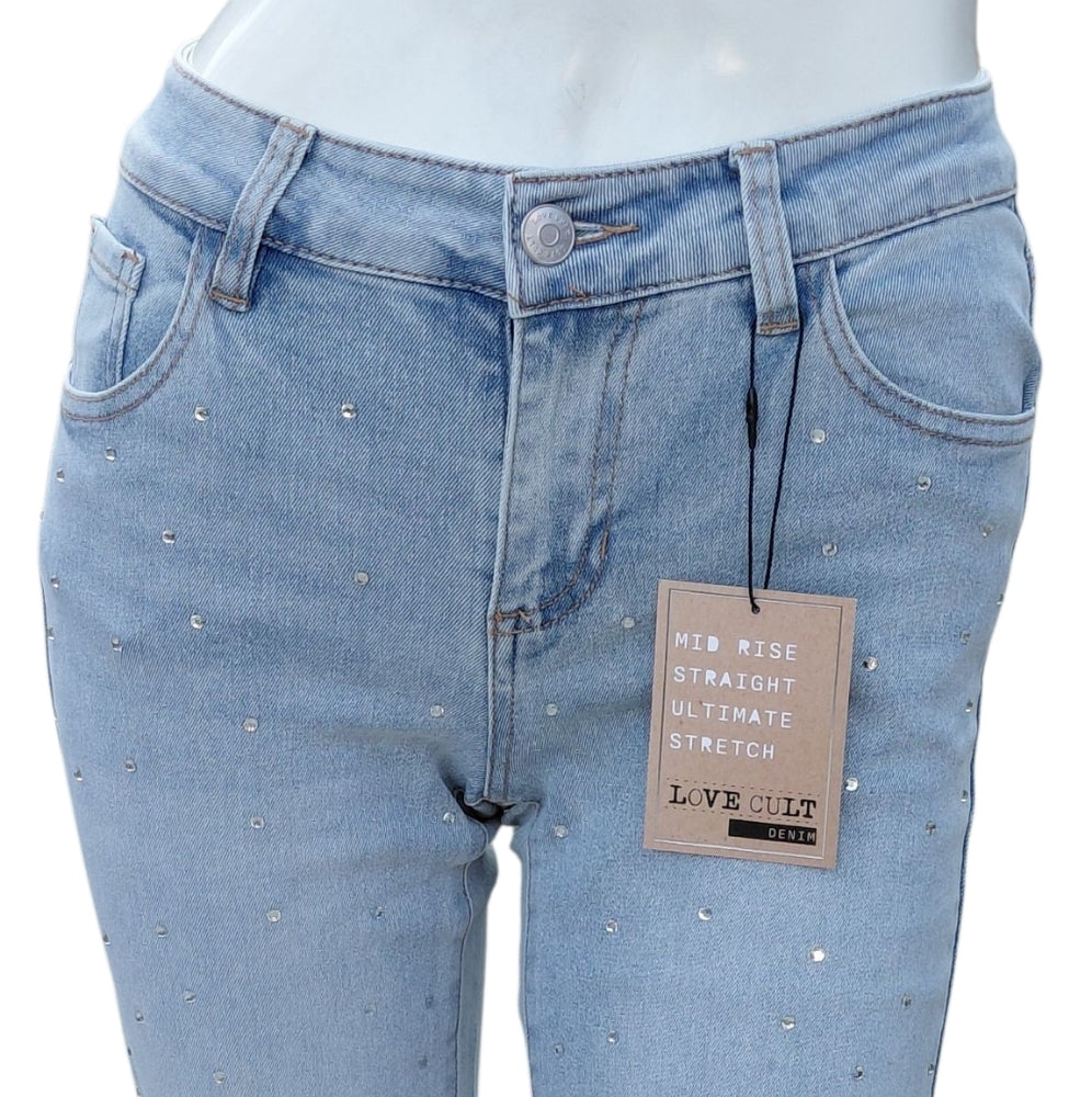 9309....Women's Love Cult Denim Light Jeans Size 00, Midrise All Over Embelished