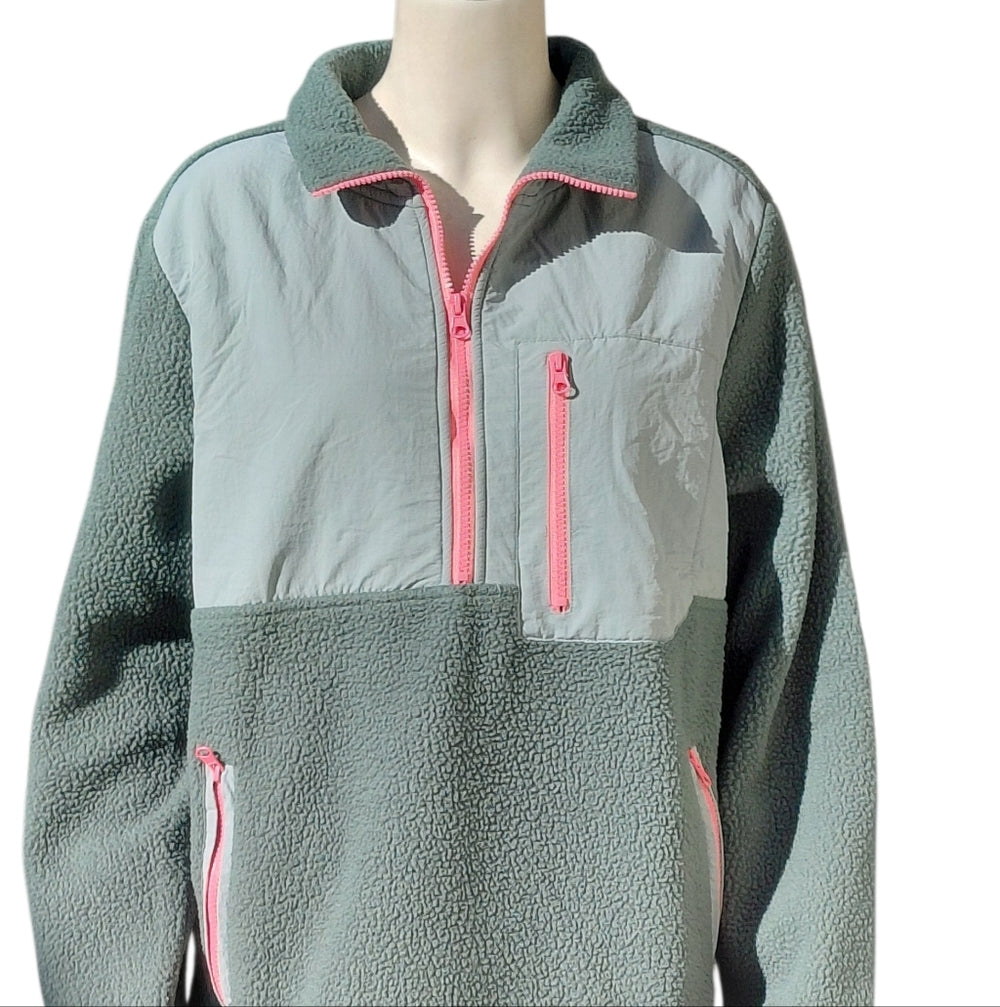Women's Green and Pink Quarter Zip Fleece Jacket Size Large