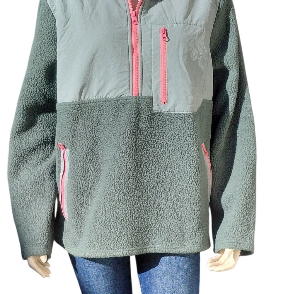 Women's Green and Pink Quarter Zip Fleece Jacket Size Large
