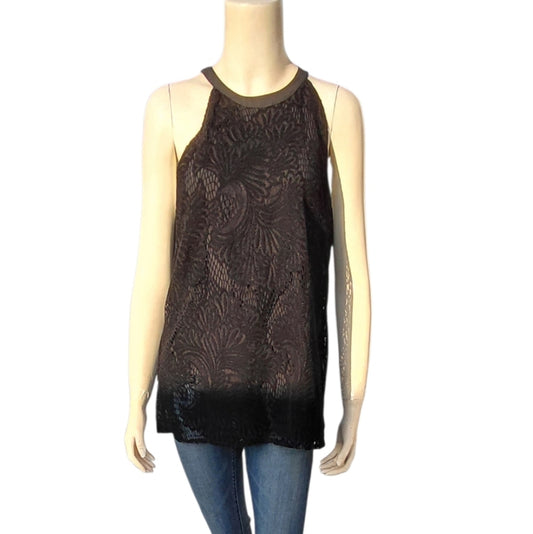 7073....Loft Sz S Black Velvet Floral Lace Halter Top Blouse Sleeveless