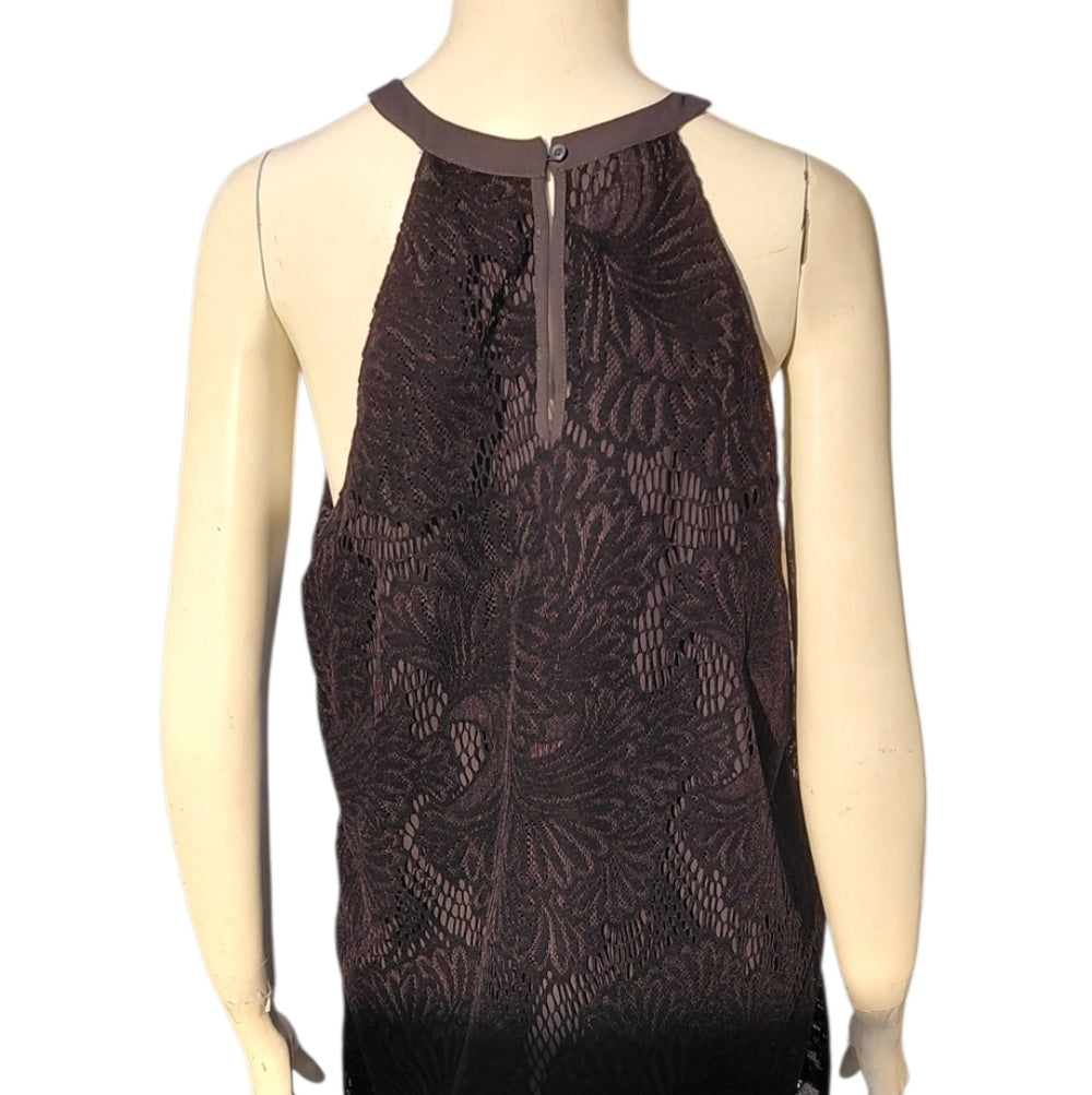 7073....Loft Sz S Black Velvet Floral Lace Halter Top Blouse Sleeveless