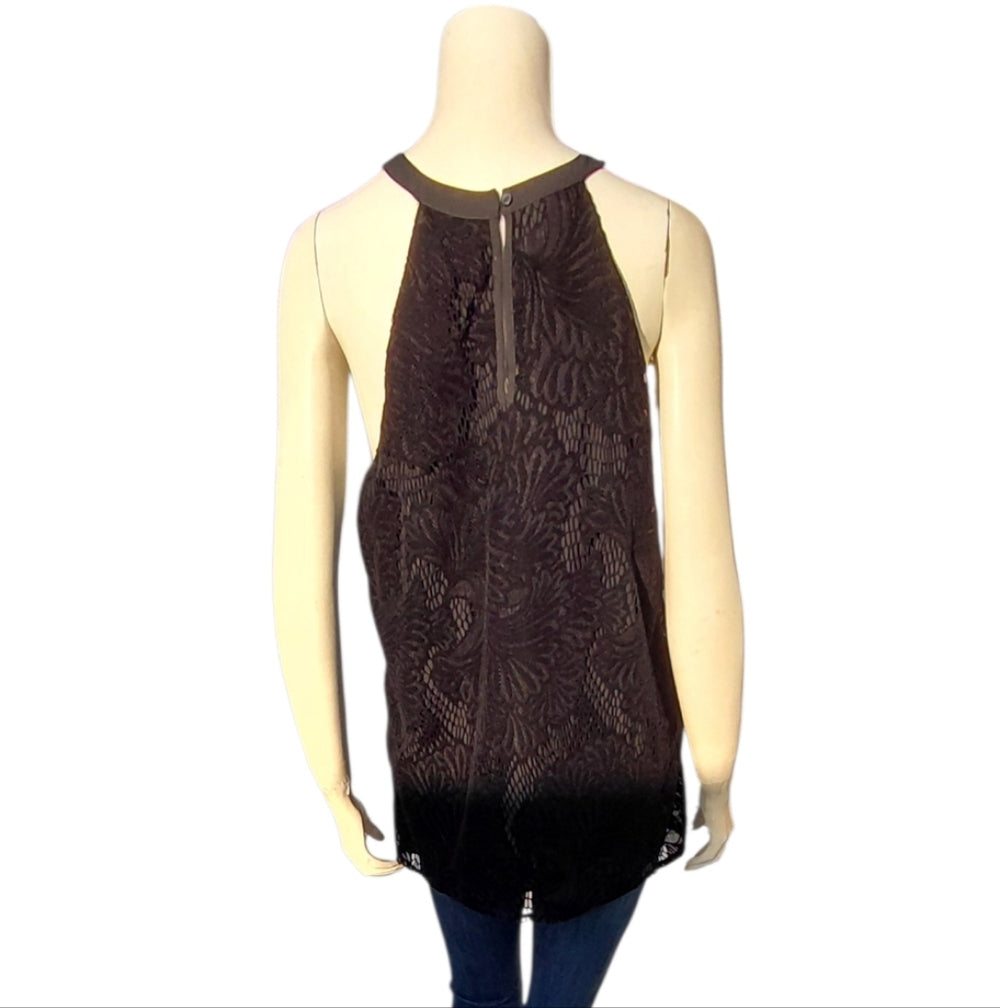 7073....Loft Sz S Black Velvet Floral Lace Halter Top Blouse Sleeveless