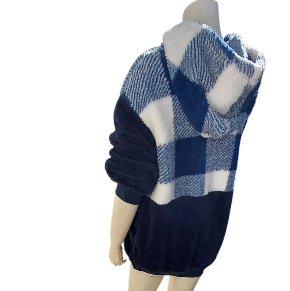 7074...Women's Blue Checkered Sharpa Dye Die Hoodie Size Small