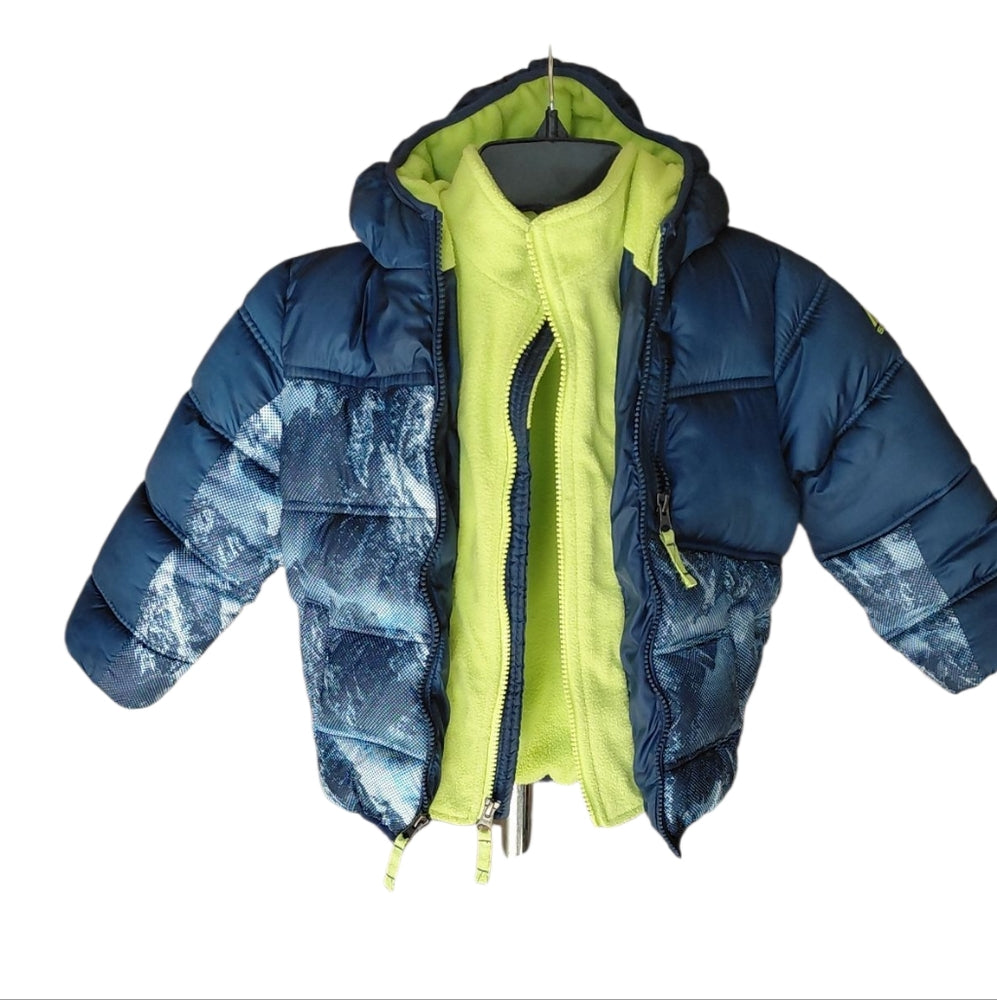 8007..Snozu Kids Blue and Green Puffer Fleece Jacket Size 4T