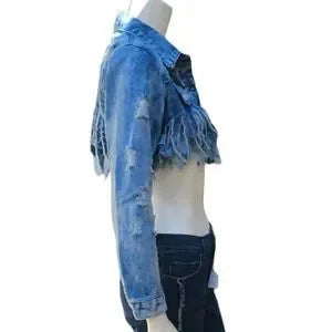 Thrill Tasseled Ripped Crop Long Sleeve Denim Jacket Size Small